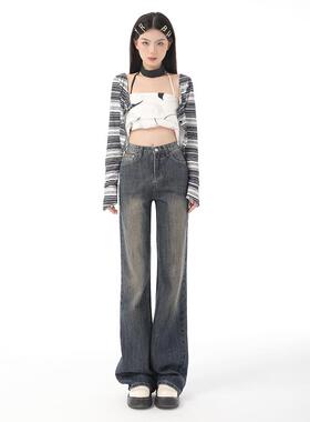 RTRX阔腿微喇牛仔裤女春秋复古做旧显瘦长裤辣妹百搭ins喇叭裤子