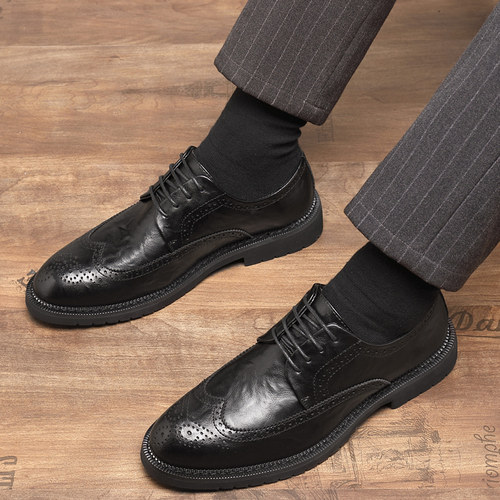 新品春季真皮布洛克英伦皮鞋男商务E正装通勤内增高休闲西装新郎