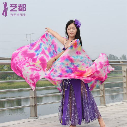 新品定作肚皮f舞纱巾 真丝七彩扎染彩色丝巾 肚皮舞真丝纱巾舞蹈