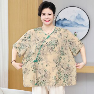 t恤妈妈夏装 200斤q短袖 半袖 特体大码 国风丝 新品 新中式 中老年女装