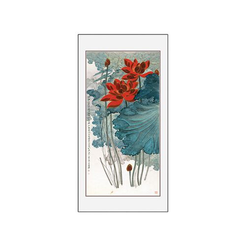 新品张大千荷花图入m户门玄关装饰画竖版国画过道尽头挂画中式水
