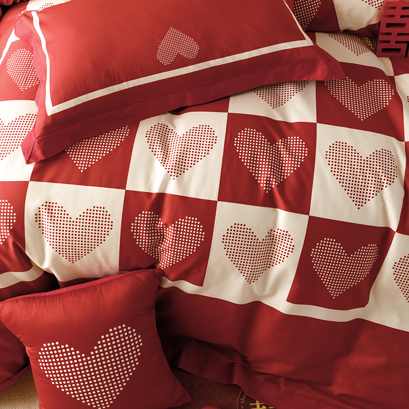 极速红色爱心婚庆100S高支长绒棉四件套K少女心印花被套结婚牀上