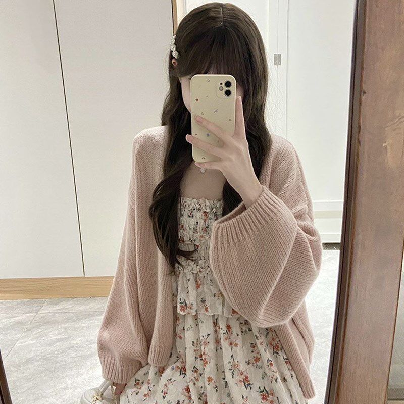 新品奶系一c整套穿搭甜美吊带碎花裙针织开衫外套两件套装连衣裙