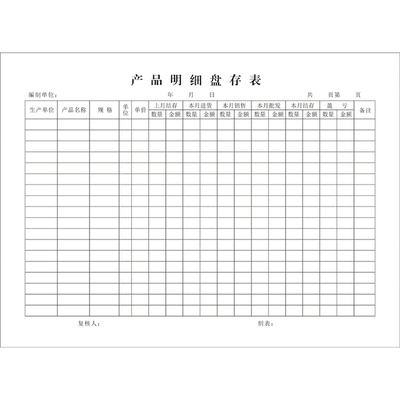 《产品明细盘存表》商品生产名地规格信息产品每月明细进出台账本