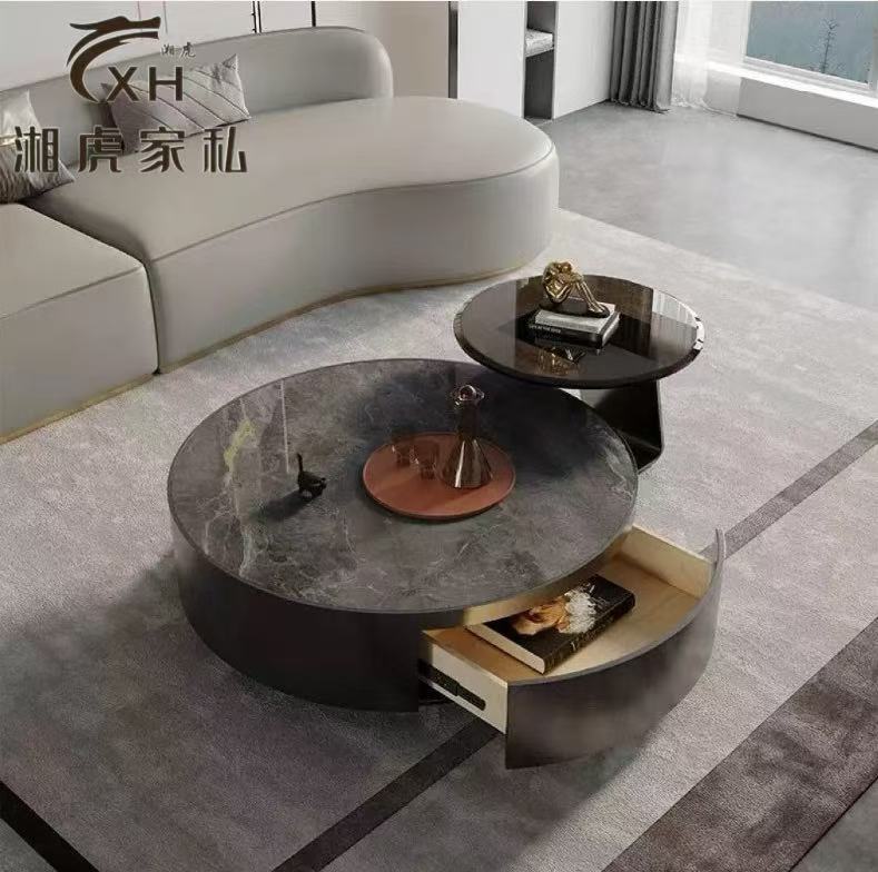 圆形带抽屉不锈钢岩板茶几意式轻奢现代简约客厅高级感设计师