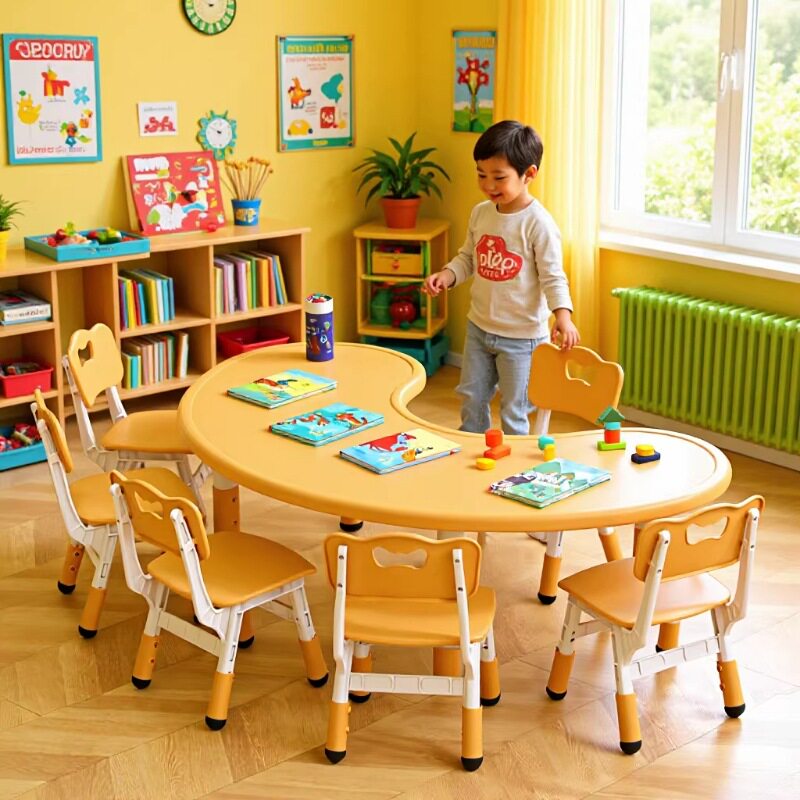 幼儿园课桌椅套装直销儿童塑料月亮桌多人可组合升降桌子椅子跨境
