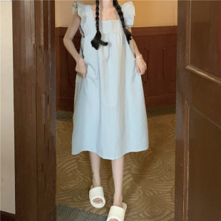 宽松家居服睡裙女 韩国女士夏季 新品 韩版 甜美小清新格纹飞飞袖