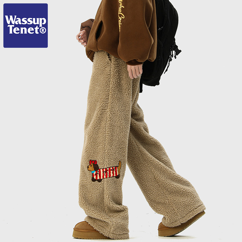 Wassup tenet潮牌羊羔绒保暖棉裤男冬季情侣百搭加绒直筒休闲长裤