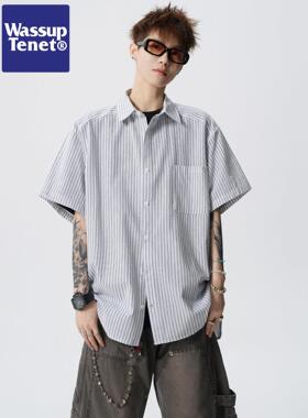 Wassup tenet美式条纹短袖衬衫男士夏季潮牌宽松休闲百搭衬衣外套