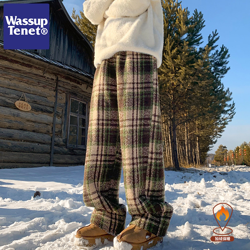 Wassup tenet加绒加厚格子休闲裤男士直筒秋季保暖情侣百搭长裤子