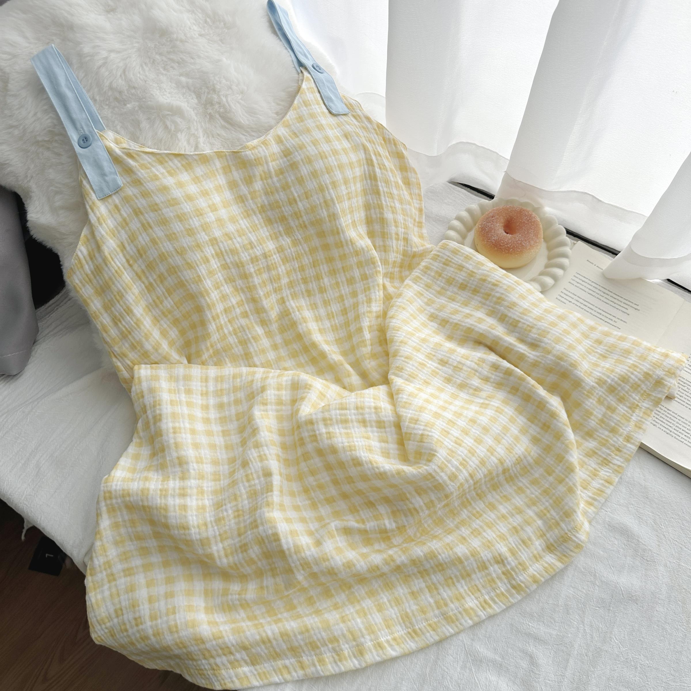 ins日系格子印花女款吊带睡裙自带胸垫2025新款中长版家居服夏天
