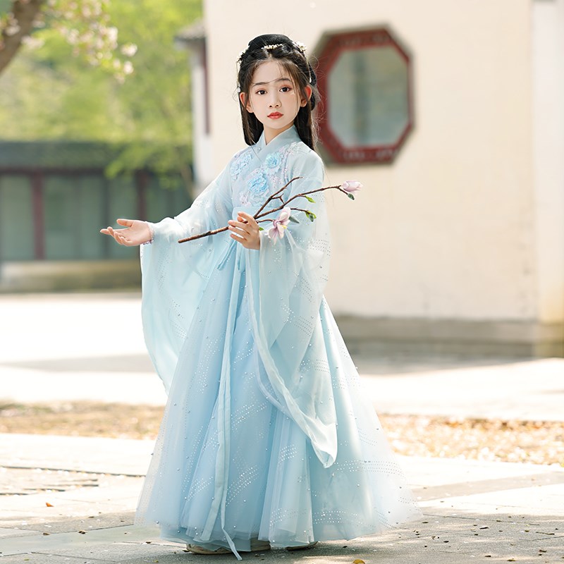速发蓝色绝美汉服童2025新款魏晋风古装交领大袖衫仙气小孩演出服
