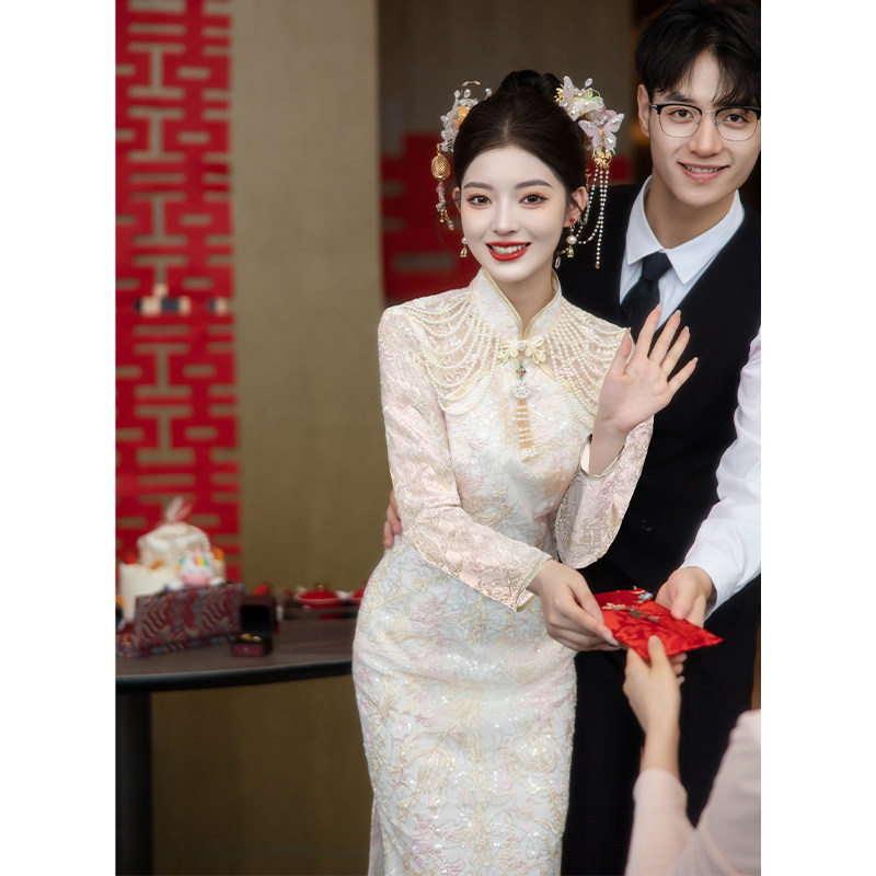 速发新中式长袖旗袍订婚礼服平裙时穿可香槟色敬酒服新娘结婚回门
