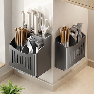 速发刀架筷子纳一体厨房置物架免打孔壁挂刀子勺具收筒架多功能置