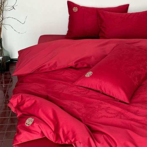 龙凤呈祥全棉四六件套结婚全棉提花大红色被套床单纯棉床品