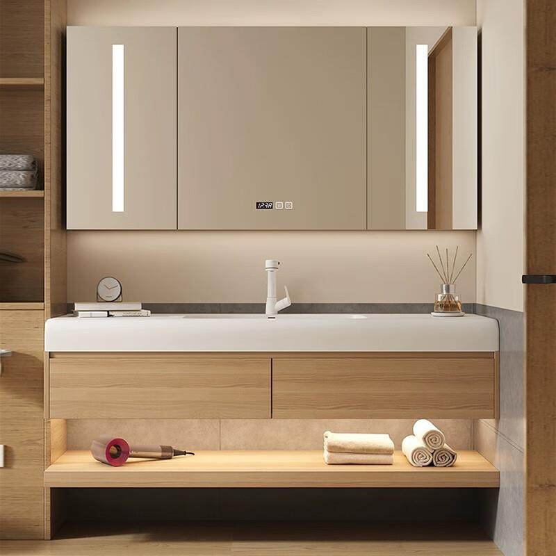 7W原木风可丽耐岩板热弯无缝一体盆橡木浴室柜组合洗脸洗漱台盆定