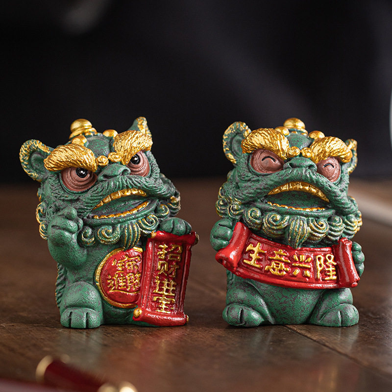 国潮风醒狮寓意生意兴隆招财进宝办公家居桌面摆件创意舞狮工艺品图片