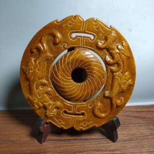 供应古玩杂项仿古做旧工艺品岫玉赤龙双面工玉璧家具摆件
