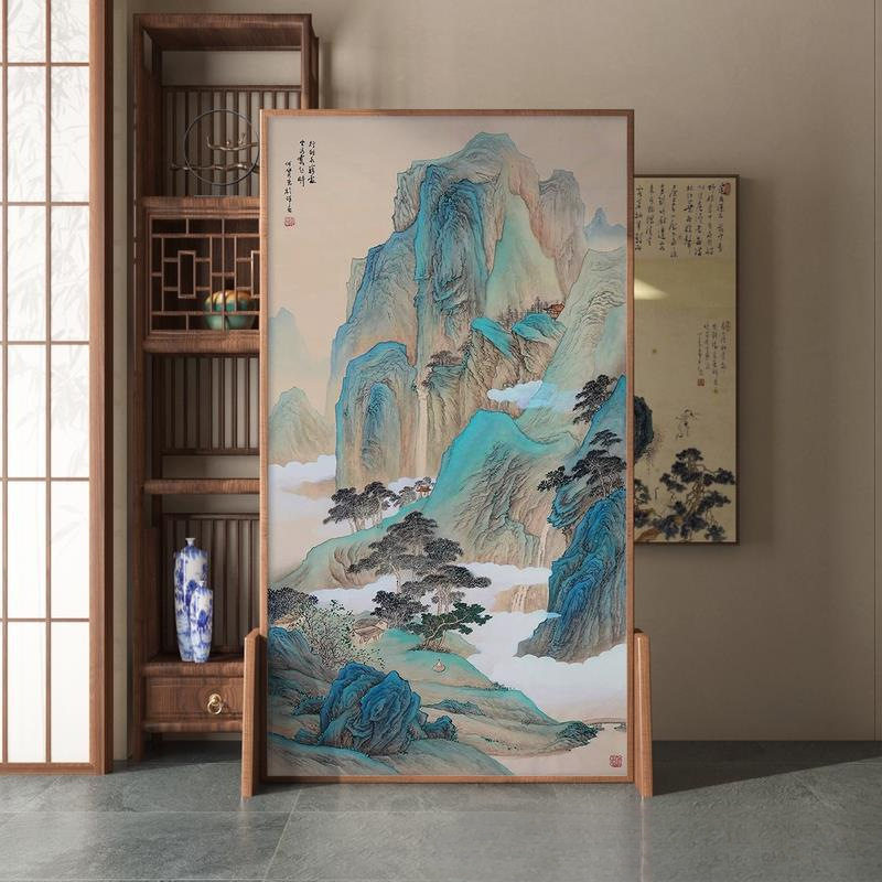 新中式山水屏风隔断客厅入户家用实木酒店办公室卧室遮挡移动座屏