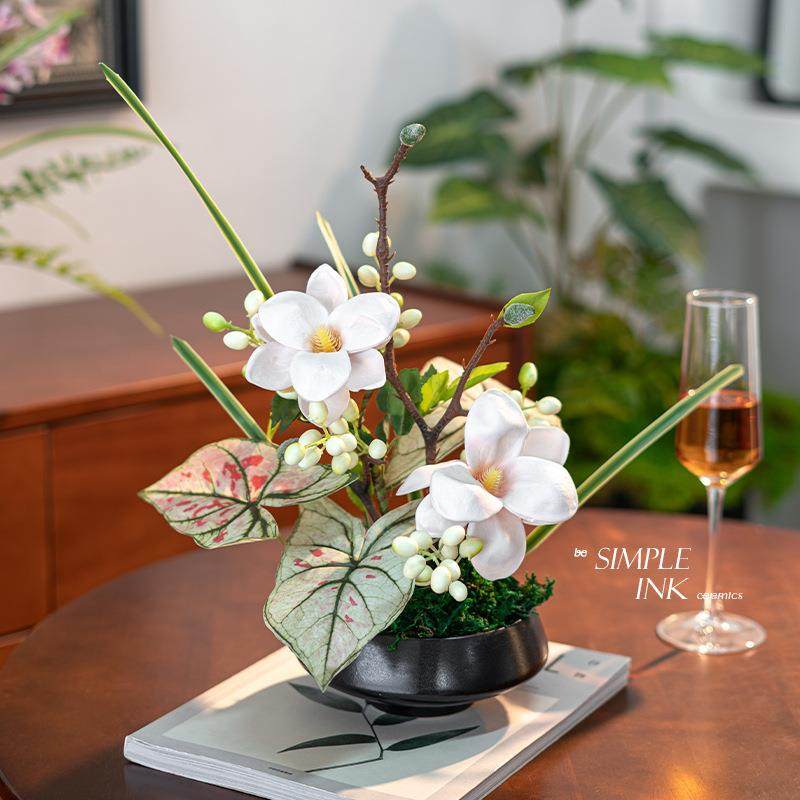 新中式仿真花绿植盆景假花家居客厅永生苔藓插花陶瓷盆栽装饰摆件