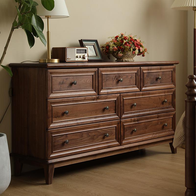 美式实木七斗柜现代简约黑胡桃木七斗橱中古收纳储物柜客餐厅卧室