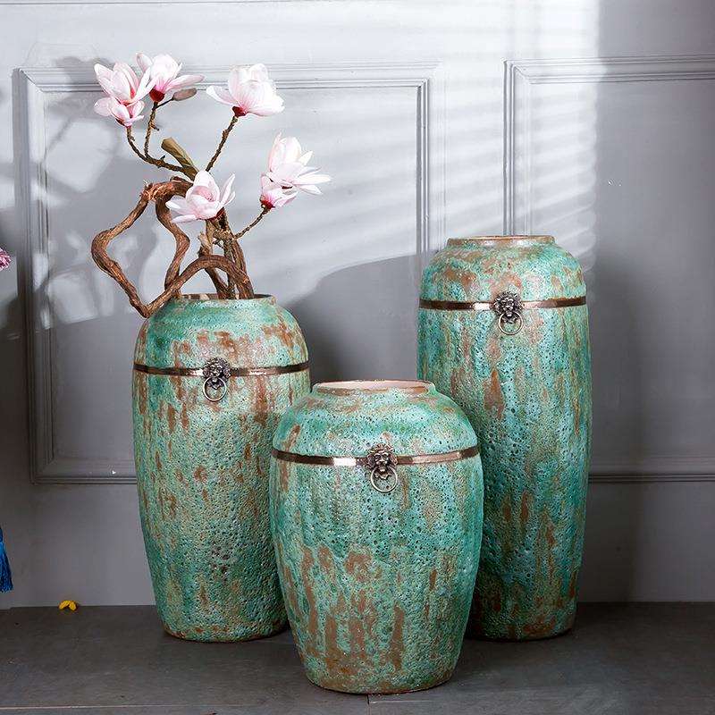 3三件套装花瓶配铜环铜盖子仿古欧式陶瓷器家居装饰品花卉摆件