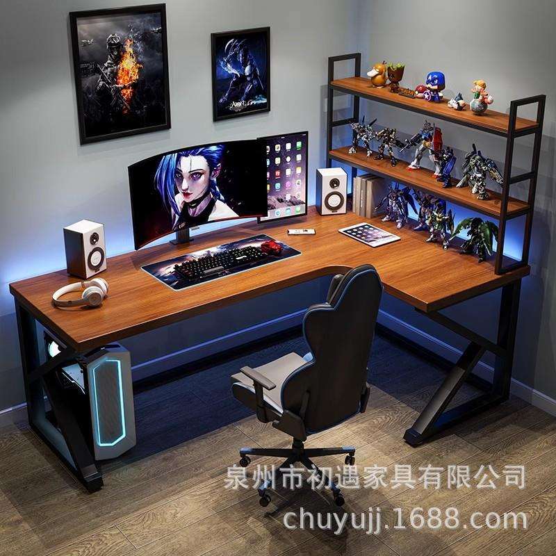 实木转角电脑桌台式家用卧室L型双人书桌拐角式美式电竞桌办公桌