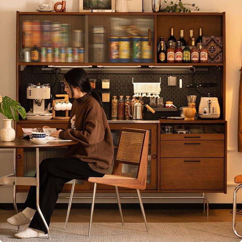 北欧实木餐边柜家用客厅洞洞板中古色橱柜餐厅厨房复古收纳储物柜