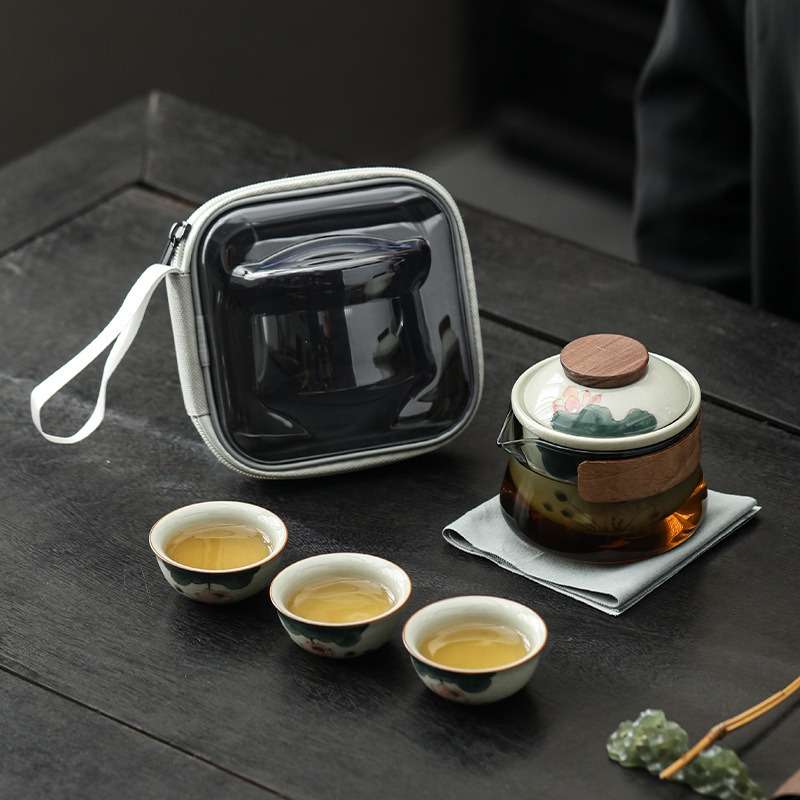 手绘旅行茶具套装便携式泡茶壶玻璃快客杯一壶四杯户外露营泡茶具