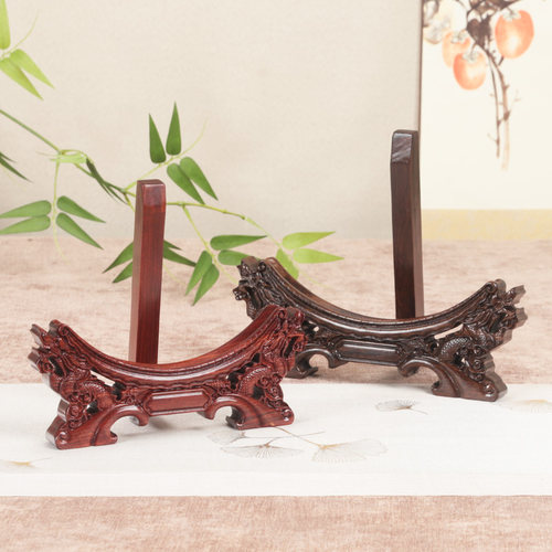 红木工艺品双龙雕花盘架高档磁盘玉片底座普洱茶饼托架展示架底座
