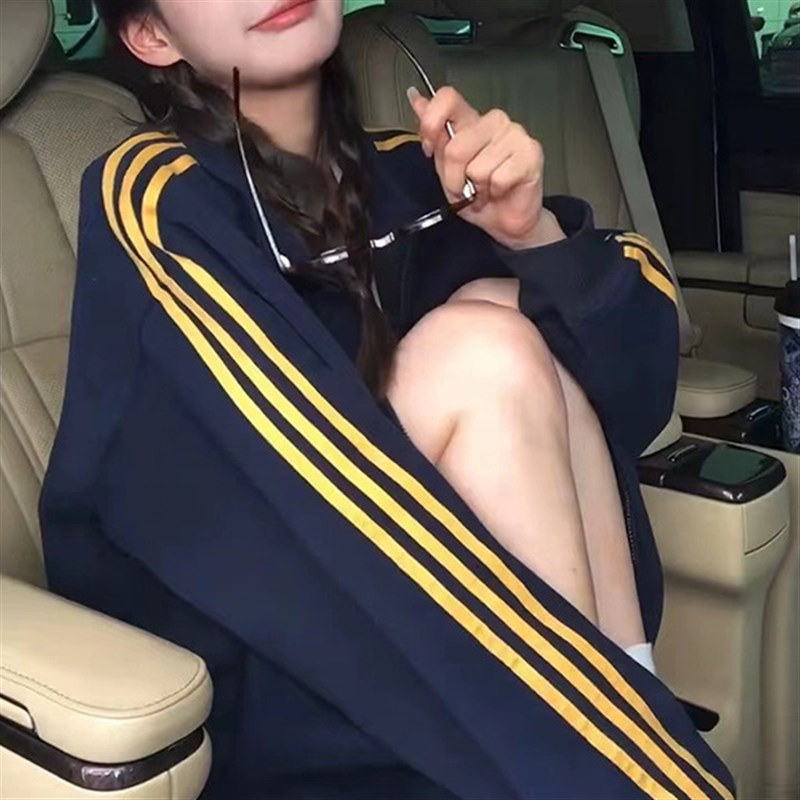 现货速发加绒加厚美式杠织带外套运动风式立领宽松拉链开衫卫衣
