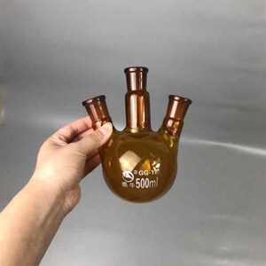 现货速发棕色三口烧瓶500标准磨口24x避光烧瓶加热烧杯茶色圆底烧