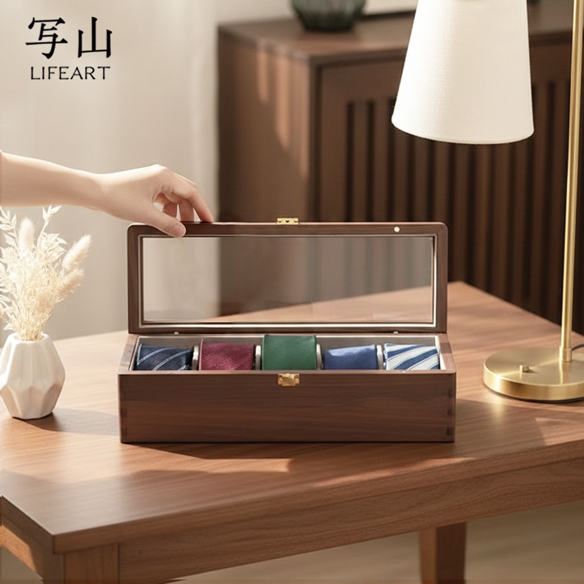 实木多格透明盖领带收纳盒图片