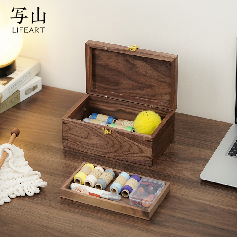 黑胡桃木针线收纳盒家用高质量桌面多功能收纳结婚服装店整理盒