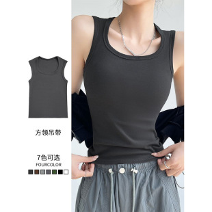 外穿2025新款 方领吊带背心女夏季 工字运动宽肩带灰色内搭打底上衣