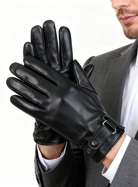 九云洲真皮手套男士黑色触屏驾驶加绒保暖柔软小羊皮手套