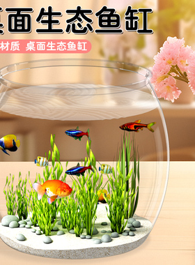 造景小鱼缸加厚透明耐摔生态缸客厅家用桌面圆形造景小型桌面观赏