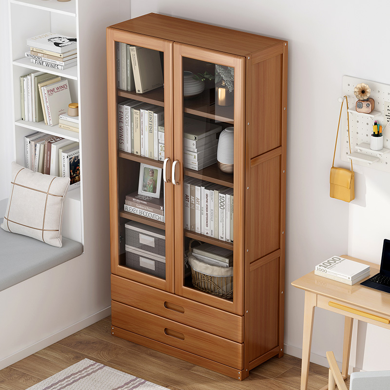 速发书架落地带门书柜实木收纳置童约类儿物客厅简易办公桌面简架