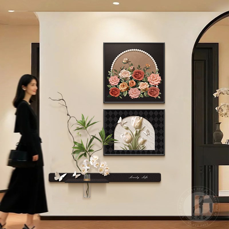 中古风玫瑰玄关装饰画法式沙发背景墙置I物架水培绿植客厅复古挂