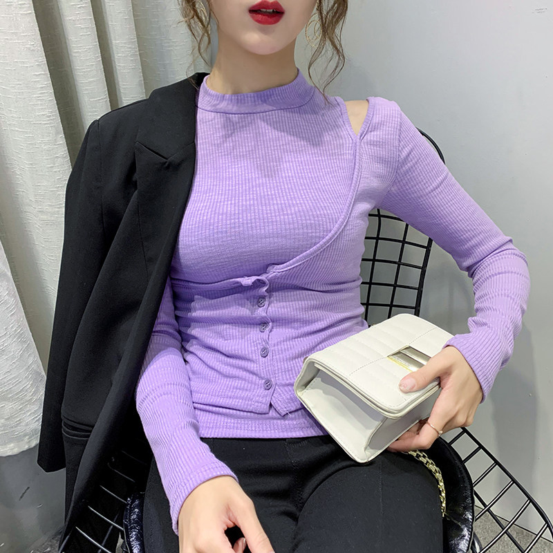 实拍#打底长袖t恤女修身2020秋冬新款洋气锁骨心机设计感收腰上衣
