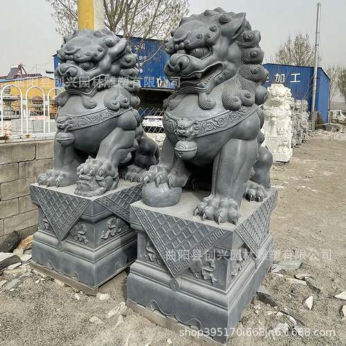户外大型青石石狮子一对看门口摆件中式庭院别墅祠堂酒店公司寺庙