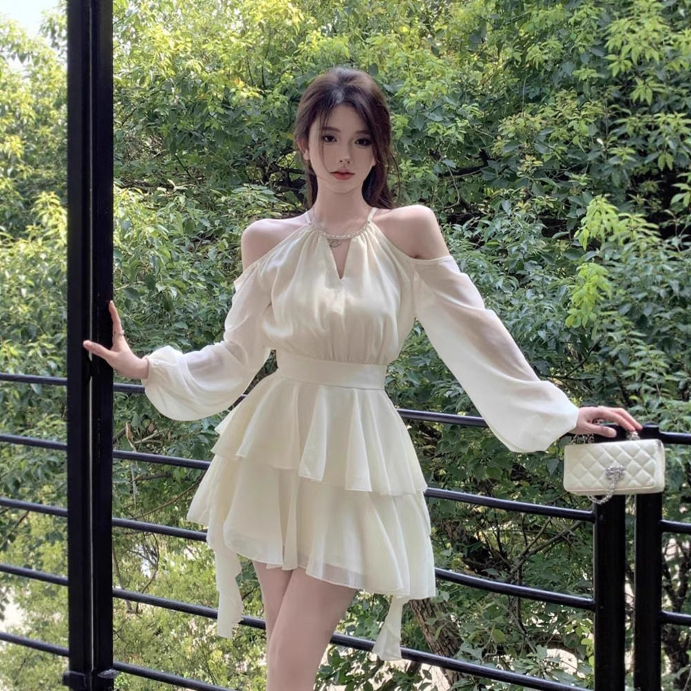 白色长袖连衣裙仙女夏季收腰雪纺短裙荷叶边蛋糕a字裙子复古风