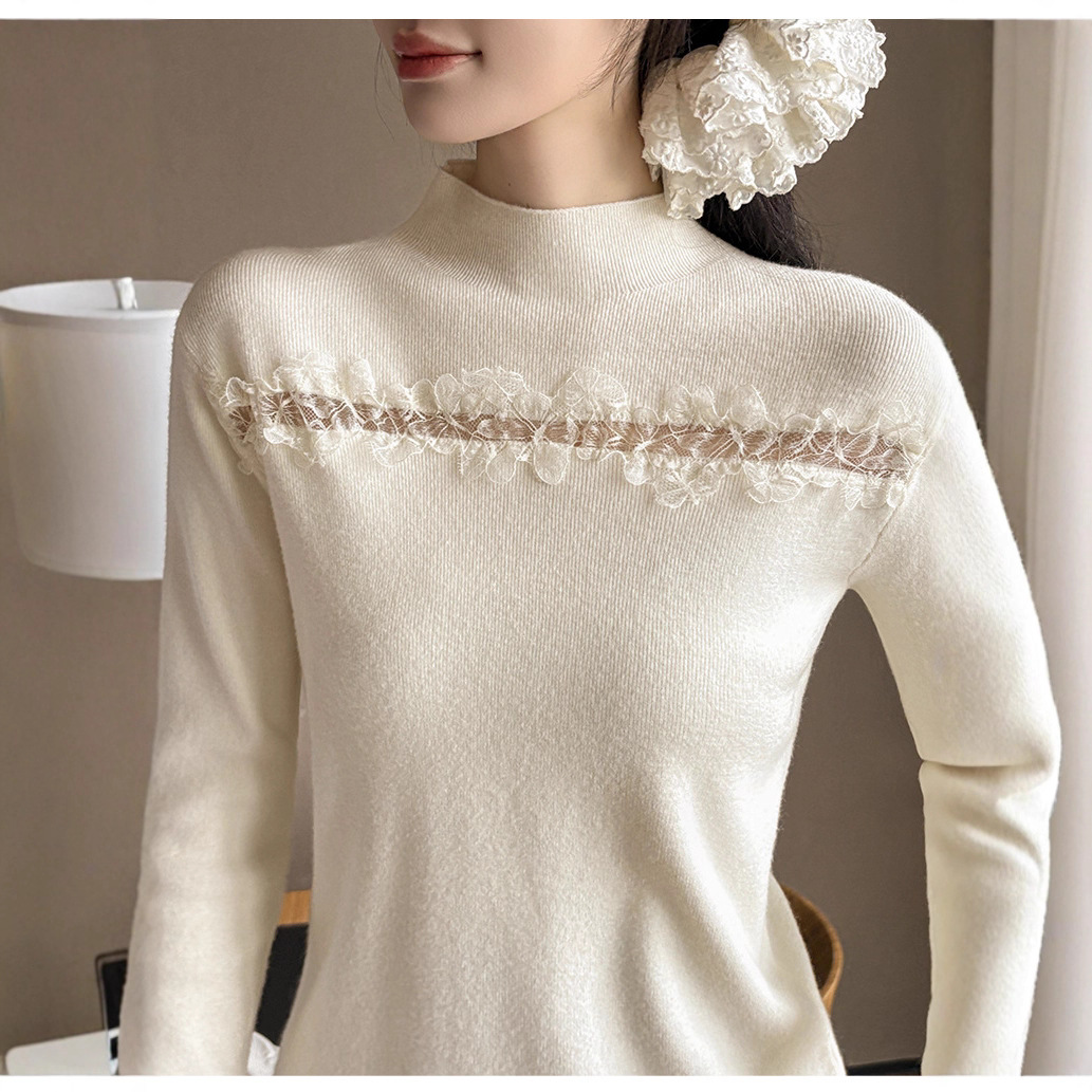 韩系灰色半高领镂空针织打底衫女秋冬轻奢高级感内搭蕾丝拼接上衣