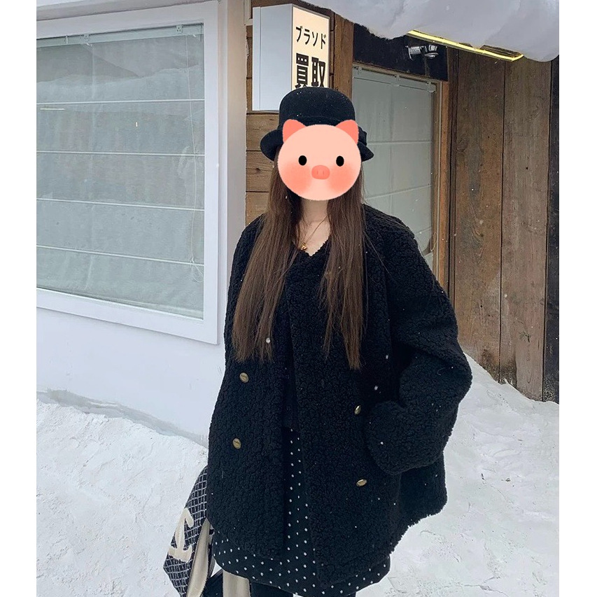 2025新款双排扣羊羔毛外套女冬季高级感保暖软糯宽松显瘦大衣黑色