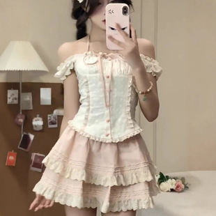 纯欲风活泼俏皮套装女夏季甜美收腰挂脖一字肩上衣蛋糕半裙两件套
