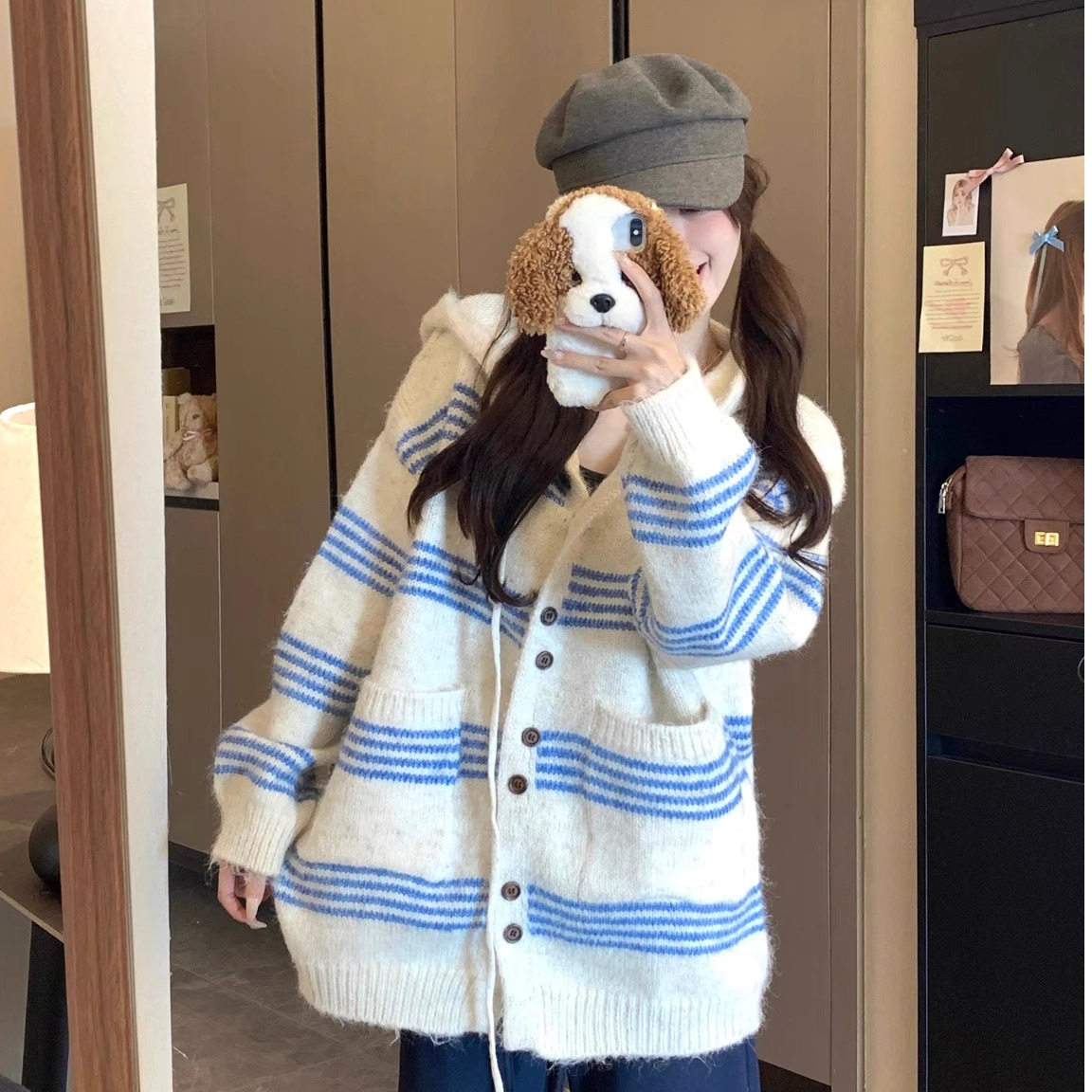 韩系早秋季慵懒风撞色条纹毛衣开衫外套女宽松休闲连帽针织衫上衣