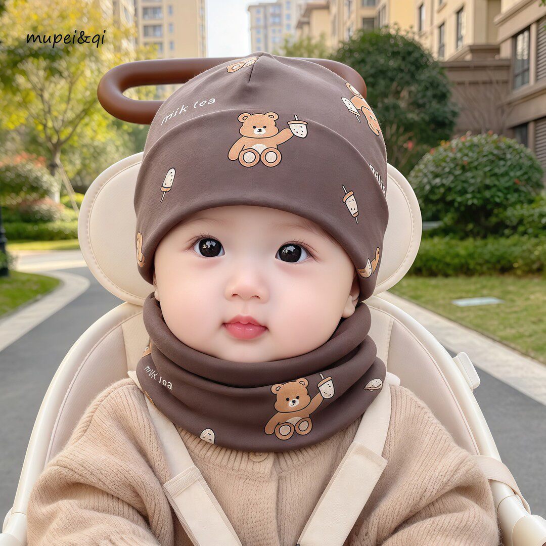 婴儿纯棉双层保暖帽子围脖套装
