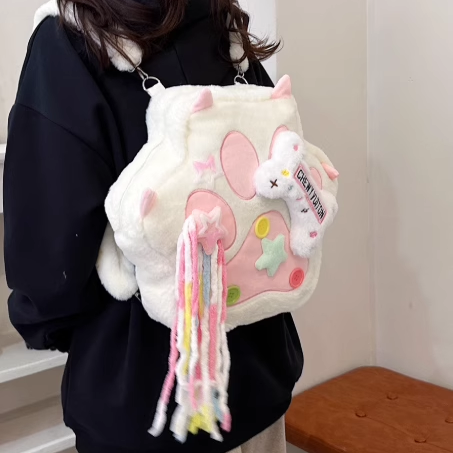 六边形可爱毛绒猫爪双肩包千禧小众Y2K休闲单肩包软妹小狗爪包包