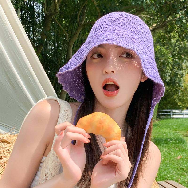 新款帽子女甜美软妹气质草帽夏季防晒遮阳帽针织镂空大头围太阳帽