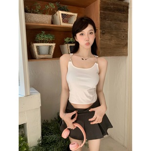 甜辣妹袖 黑色吊带小背心女带胸垫金属扣纯欲风外穿美背夏季 上衣